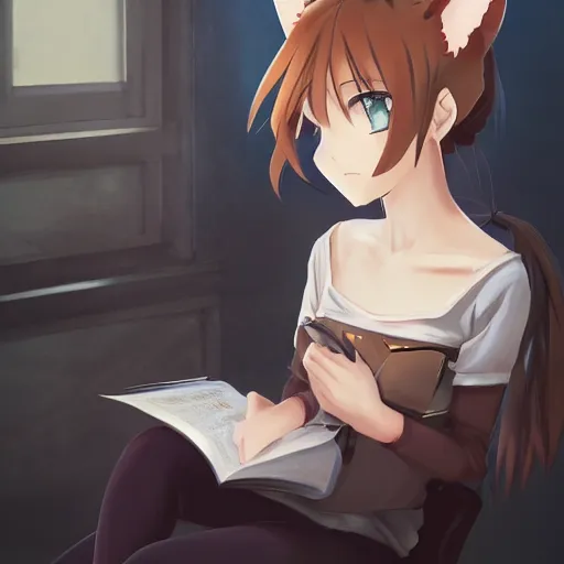 Prompt: Girl with cat ears studying, anime style, expressive oil painting, matte art, digital art, trending on artstation, beautiful lightning, atmospheric