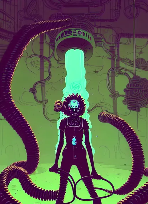 Image similar to highly detailed portrait of a lonely wasteland punk long dripping curly brown nuclear hair tribal lady, stray green slime hoses by atey ghailan, james gilleard, by joe fenton, by greg rutkowski, by greg tocchini, by kaethe butcher, 4 k resolution, gradient purple, brown black and white color scheme!!! ( ( green flaming robotic sewer background ) )