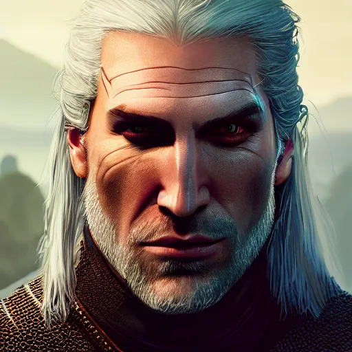 Prompt: geralt from the witcher 3 video game, huggy wuggy from poppy playtime video game, fullbody, ultra high detailed, glowing lights, oil painting, greg rutkowski, charlie bowater, beeple, unreal 5, daz, hyperrealistic, octane render, rpg portrait, dynamic lighting, fantasy art, beautiful face