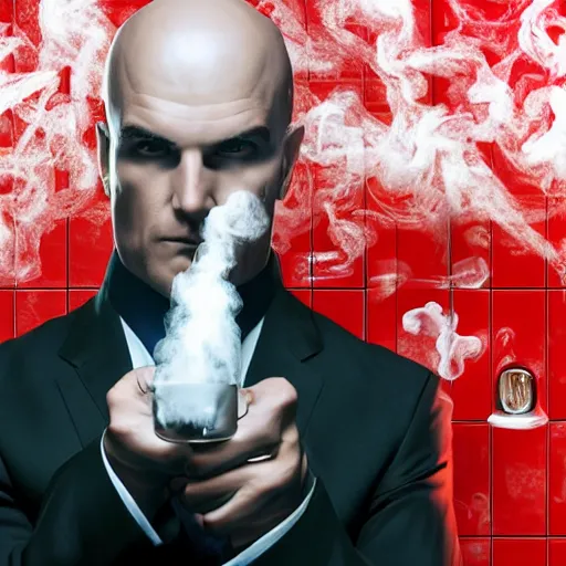 Prompt: photo of hitman agent 4 7 in a bubble bath, smoking