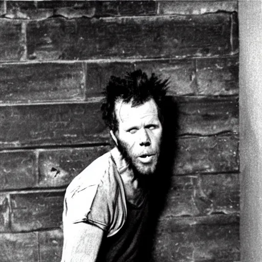 Image similar to tom waits crawling on the ceiling like he is possessed by a demon