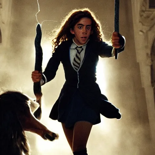 Image similar to hermione granger transforming into a horse in the middle of a living room, her legs and waist are already horse - like