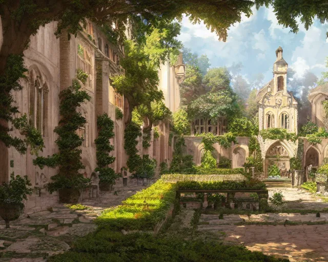 Prompt: environmental illustration of a cloister garden in a late renaissance city | | anime key visual, official media, illustrated by wlop, extremely detailed, 8 k, trending on pixiv, cinematic lighting, beautiful