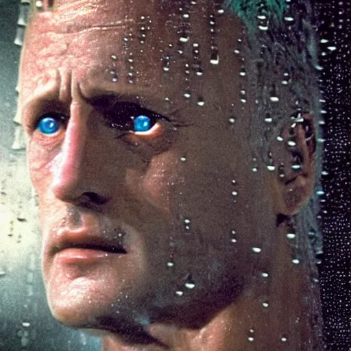 Prompt: a 3 5 mm close up photo of roy batty from blade runner, cyberpunk, head down rain drops on skin, tears in the rain, moody, cinematic, realistic, low light