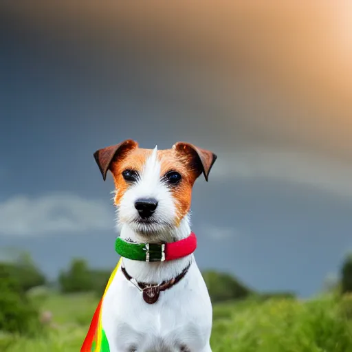 Prompt: portrait of a jack russell terrier dog wearing a rasta collar, with nature in the background, professional portrait