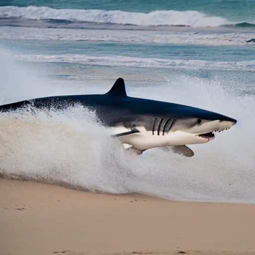 Prompt: photo of a prehistoric shark on the shores of daytona beach florida