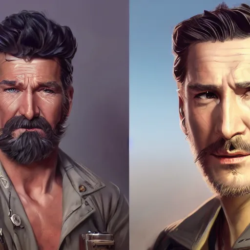 Image similar to a highly detailed epic cinematic concept art CG render digital painting artwork costume design: Errol Flynn as a 1950s sly army mechanic engineer with a thick stubble. By Greg Rutkowski, Ilya Kuvshinov, WLOP, Stanley Artgerm Lau, Ruan Jia and Fenghua Zhong, trending on ArtStation, subtle muted cinematic colors, made in Maya, Blender and Photoshop, octane render, excellent composition, cinematic atmosphere, dynamic dramatic cinematic lighting, aesthetic, very inspirational, arthouse