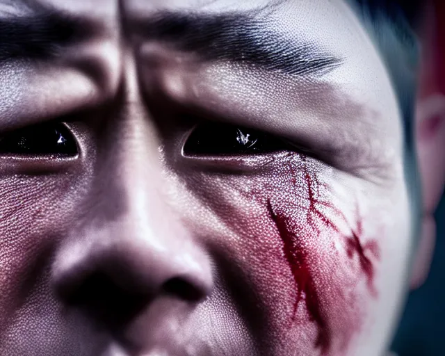 Image similar to sad justin sun as night king in game of thrones, extreme close - up of eyes crying tears made of glowing ice water, crimson - black bee army behind, 4 k, epic, cinematic, focus, movie still, fantasy, extreme detail, atmospheric, dark colour, sharp focus