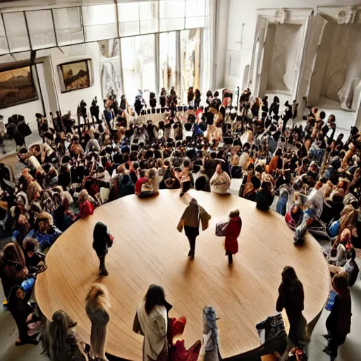 Prompt: A beautiful art installation of a group of people standing around a circular table. In the center of the table is a large, open book. The people in the art installation are looking at the book with interest and appear to be discussing its contents. Tumblr by Gareth Pugh, by Jan Pietersz Saenredam stormy