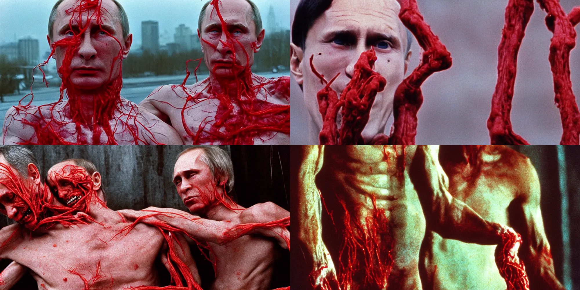 Prompt: vladimir putin body horror directed by david cronenberg, moscow background, limb mutations, swollen veins, red flesh strings, cinestill 8 0 0 t, 1 9 8 0 s movie still, film grain