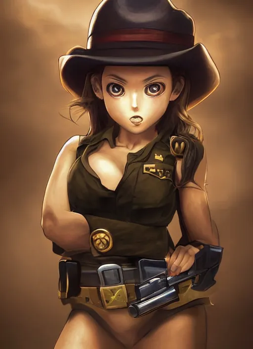 Image similar to a portrait one person, complexity, global lighting, detail, ultra sharpness, beautiful female sheriff body from games yoshihiro togashi style, big eyes, plump lips, a gunshot, global lighting, western saloon theme, detailed faces, blank faces, style by huyy nguyen,