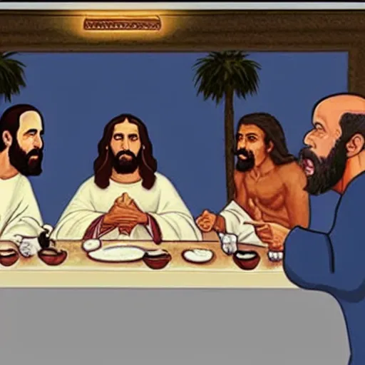 Prompt: jesus and obama having a discussion with jerry seinfeld at the last supper in a cafe