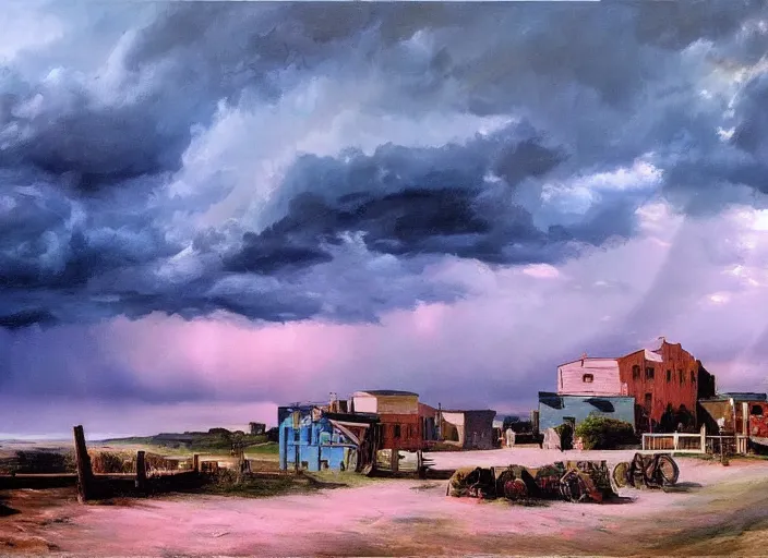 Prompt: oil painting of american old west town, harbour, dramatic storm clouds, dusty street, sunrays, dramatic, very very very beautiful art, cinematic lighting, romanticism by goya, bright art, pastel color, pink and blue sky, sunny summer day, tall mountains
