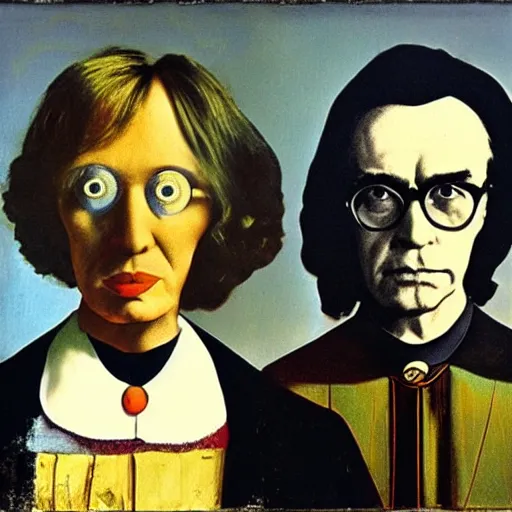 Prompt: salvador dali and andy warhol in the style of american gothic