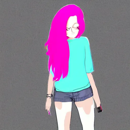 Prompt: alt girl with pink hair, cute outfit, digital art