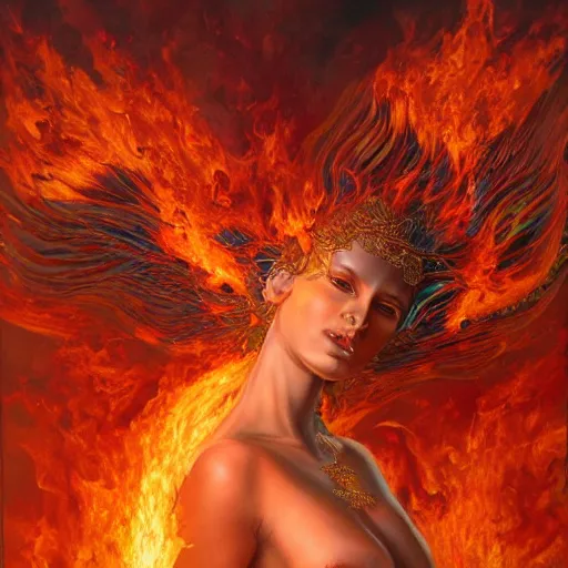 Prompt: A stunning painting of a goddess with a body engulfed in flames by Jim Burns, 8K UHD, intricate, fantasy, Trending on artstation.