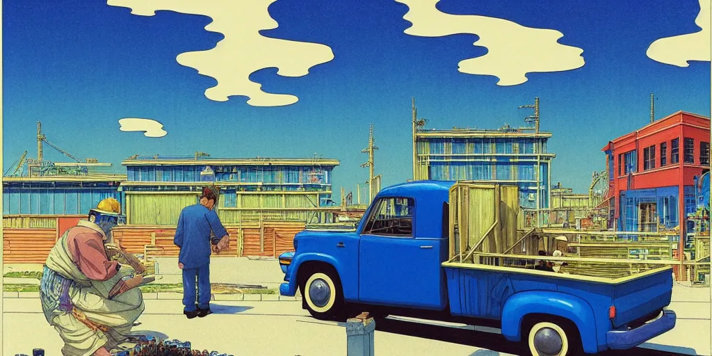 Prompt: a little blue truck with a construction site in the background, acid and dreaming psychedelic hallucinations, by kawase hasui, moebius and edward hopper, colorful flat surreal design, hd, 8 k, artstation