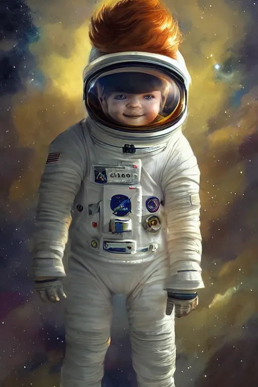 Image similar to a little boy with ginger hair floating in space, surrounded by stars. he is an astronaut, wearing a space suit. clean elegant painting, beautiful detailed face. by raymond swanland and artgerm and greg rutkowski