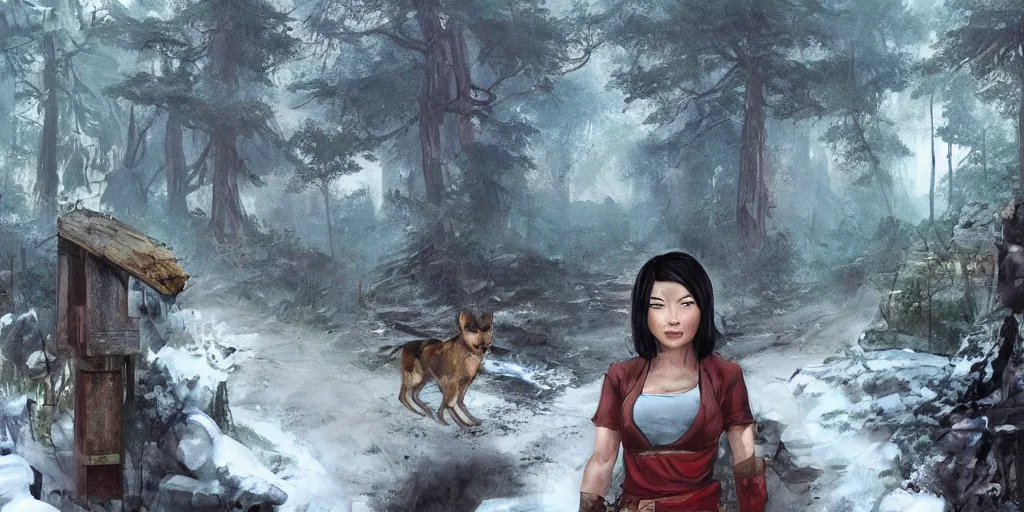 Image similar to fallout 5, charismatic beautiful rugged asian female protagonist, portrait, outdoors in forest, tori gate!!! and shinto shrine!!! in the background, atmospheric lighting, painted, intricate, volumetric lighting, daytime, winter, blizzard, sharp focus, ultra detailed, art by william turner