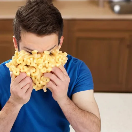 Image similar to man vomiting kraft mac and cheese