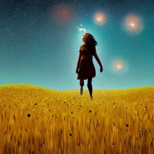 Image similar to giant daisy flowers as a head, girl walking in wheat field, hills, surreal photography, dark night, star trails, impressionist painting, dramatic clouds, digital painting, artstation, simon stalenhag