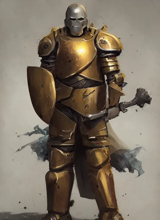 Image similar to dynamic portrait of a warforged character in yellow armor holding a paladin engraved longsword and carrying a big shield, epic , trending on ArtStation, cinematic lighting, by Greg Rutkowski and Jesper Ejsing