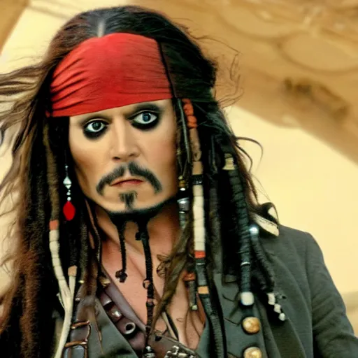 Image similar to Tommy Wiseau as Captain Jack Sparrow, film still from Pirates of the Caribbean, detailed, 4k