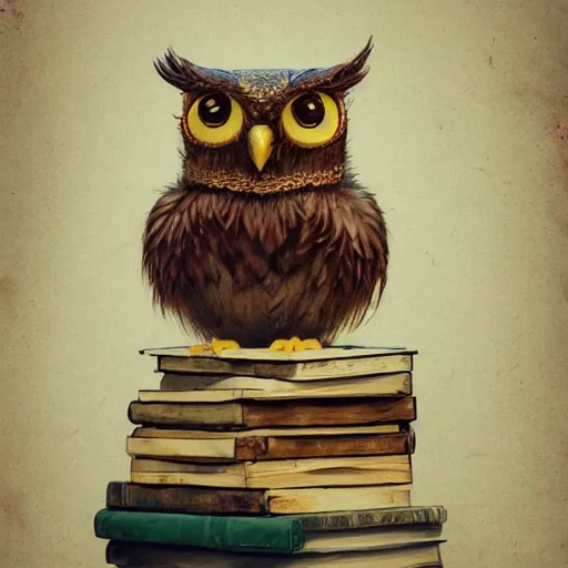 Image similar to long shot of a very cute plushy owl with closed eyes sitting on a pile of antique books, by esao andrews, by james jean, humorous illustration, hyperrealistic, big depth of field, fresh colors, dim light, 3 d octane render conceptart, 4 k, hyperdetailed, trending on artstation