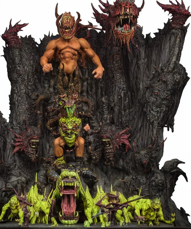 Image similar to a hyperrealistic rendering of an epic boss fight against an ornate supreme dark overlord by art of skinner and richard corben, product photography, mountain nightmare castle playset, collectible action figure, sofubi