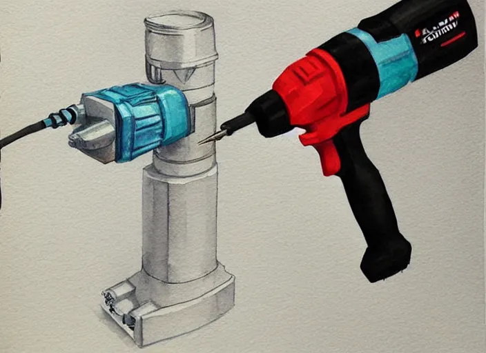 Image similar to concept art of a electril drill tool, pinterest, artstation trending, behance, watercolor, by coby whitmore, silver, laser light,