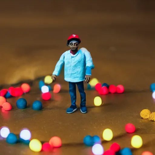 Image similar to a cinematic film still of a claymation stop motion film starring chance the rapper as a college student, shallow depth of field, 8 0 mm, f 1. 8