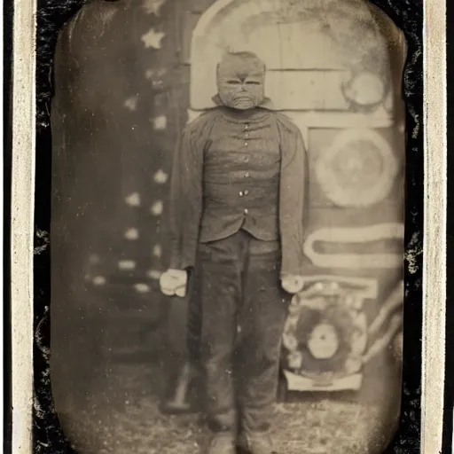 Prompt: gray alien standing in front of saloon, tintype photograph