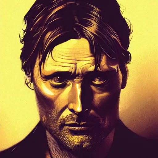 Prompt: Close-up portrait of Mads Mikkelson, Joshua Middleton artwork, dramatic backlighting, golden hour, autochrome, high contrast, highly detailed, sharp focus, digital painting, concept art, illustration, cyberpunk, solarpunk, trending on artstation, art by Phil Noto and Alex Toth, composition by alphonse mucha