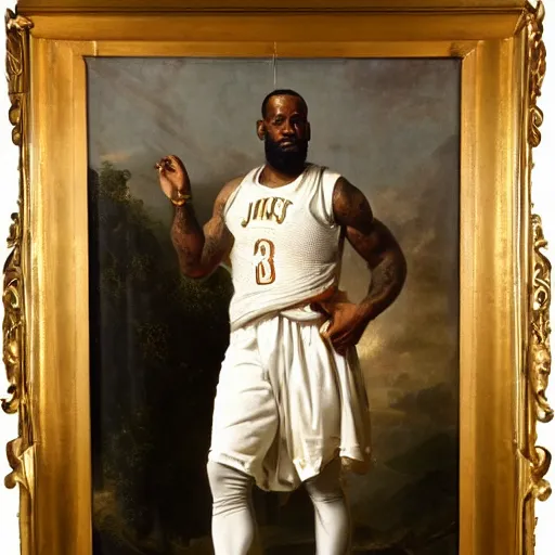 Image similar to a portrait of Lebron James, strong pose, highly detailed, in the style of Franz Xaver Winterhalter, highly detailed, in the style of Aetherpunk