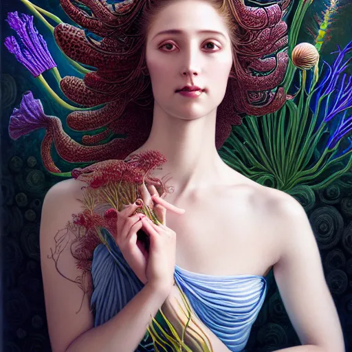 Prompt: portrait of a young attractive nerdy woman in flowing sensual dress, arrogant, long fine flowing hair, delicate, looking at camera, slightly awkward smile, realistic face, realistic hands, stylish, elegant, grimdark fantasy, flowers, extremely detailed painting inspired by Gerald Brom and Ernst Haeckel and Monia Merlo, studio lighting