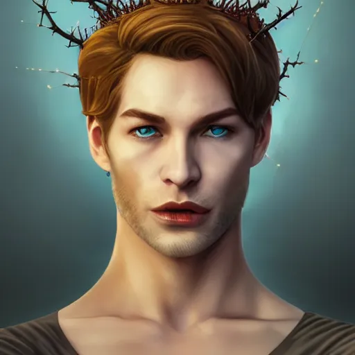 Image similar to Lucifer as an attractive cody fern with blue eyes and long dirty blonde hair with a chiseled jawline, wearing a demonic crown of thorns, 4k digital character design by Artgerm, WLOP, beeple, Hi-Fructose, James Jean, Andrei Riabovitchev, Marc Simonetti, yoshitaka Amano, Artstation, CGsociety