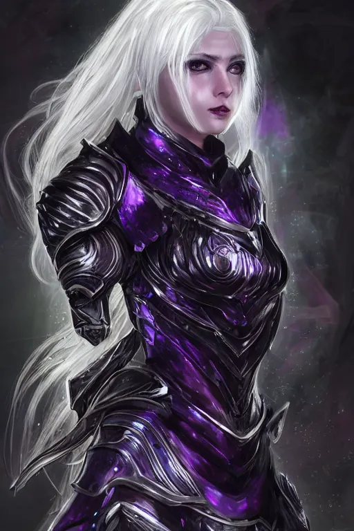 Image similar to portrait evilly white hair knights of Zodiac girl, metalic deep purple and black reflected armor, in ruined Agora of Athens thunder sparkling flash night, ssci-fi, fantasy, intricate, very very beautiful, elegant, highly detailed, digital painting, artstation, concept art, smooth, sharp focus, illustration, art by tian zi and WLOP and alphonse mucha