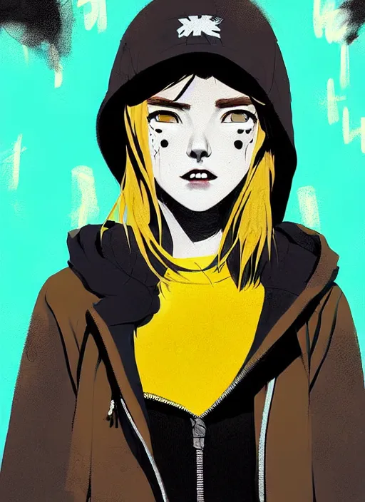 Prompt: highly detailed portrait of a street punk lady student, blue eyes, hoodie, hat, white hair by atey ghailan, by greg rutkowski, by greg tocchini, by james gilleard, by joe fenton, by kaethe butcher, gradient yellow, black, brown and cyan blue color scheme, grunge aesthetic!!! ( ( graffiti tag wall background ) )