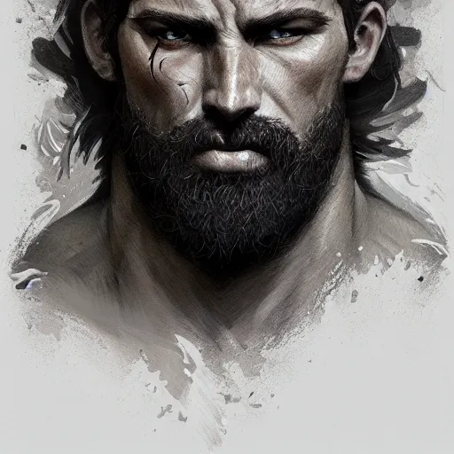 Image similar to portrait of a rugged ranger, muscular, upper body, hairy torso, D&D, fantasy, intricate, elegant, highly detailed, digital painting, artstation, concept art, smooth, sharp focus, illustration, art by greg rutkowski