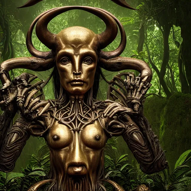 Image similar to a beautiful portrait of baphomet, 8 k, zbrush, octane, 8 k, incredibly detailed, ancient deity, androgynous, hr giger, peter gric, pablo amaringo, jack kirby, android jones, alex grey, cybernetic organism, nvidia, unreal engine, overgrown jungle ruins