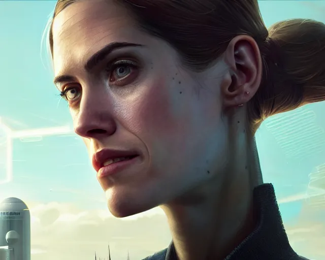 Image similar to highly detailed portrait of allison williams as an android, in detroit : become human, stephen bliss, unreal engine, fantasy art by greg rutkowski, loish, rhads, ferdinand knab, makoto shinkai and lois van baarle, ilya kuvshinov, rossdraws, tom bagshaw, global illumination, radiant light, detailed and intricate environment