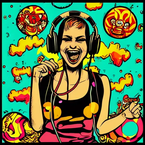 Prompt: artgerm, psychedelic laughing monkey, rocking out, headphones dj rave, digital artwork, r. crumb, svg vector