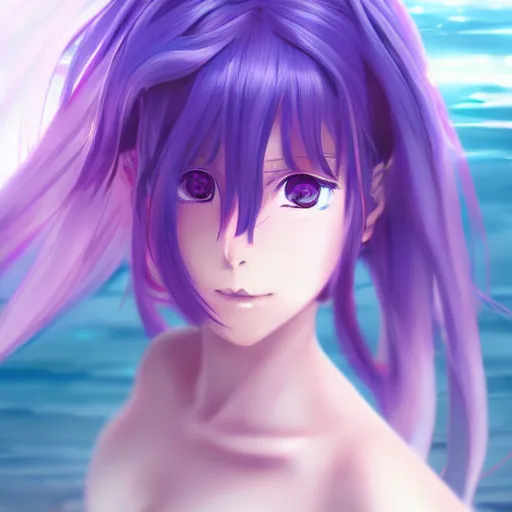 Prompt: anime portrait of Byoru as an anime girl, Bikini, Violet Hair, blue eyes, by Stanley Artgerm Lau, WLOP, Rossdraws, James Jean, Andrei Riabovitchev, Marc Simonetti, and Sakimichan, trending on artstation