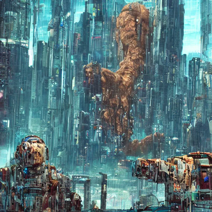 Image similar to the giant flesh golem destroying cyberpunk city underwater