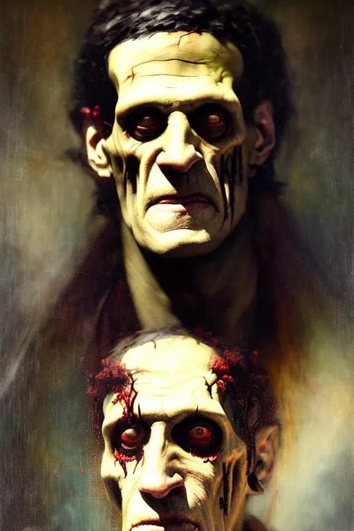 Image similar to photograph imax and solomon joseph solomon and richard schmid and jeremy lipking victorian loose genre loose painting full length portrait painting of frankenstein