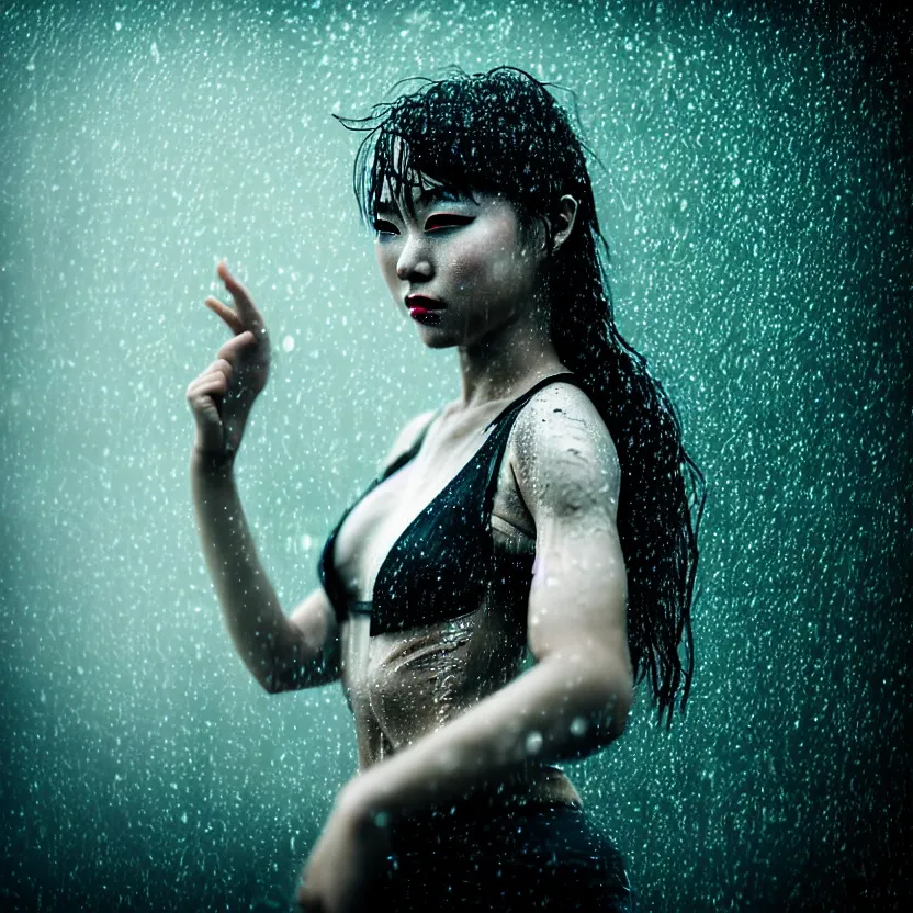 Image similar to a photo close up cyberpunk woman dance in heavy rain and smoke, cyberpunk gunma prefecture, midnight, photorealistic, cinematic lighting, highly detailed, bokeh, style by tomino - sama