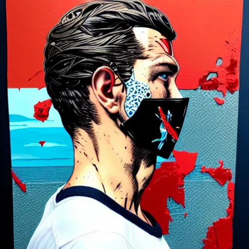 Image similar to a portrait of a back man with side profile blood in ocean intricate details :: side profile :: oxygen mask by MARVEL comics and Sandra Chevrier