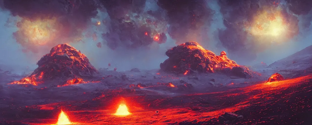 Image similar to ” outer planet with erupting volcanoes, [ art by paul lehr, cinematic, detailed, epic, widescreen, opening, establishing, mattepainting, photorealistic, realistic textures, octane render ] ”