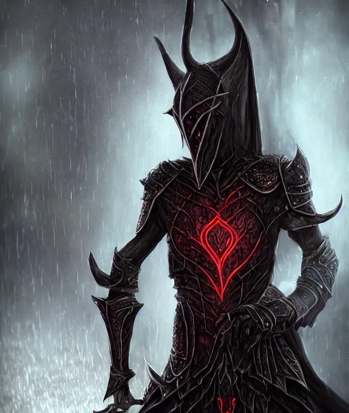 Image similar to A Dark Elf Dunmer in Daedric armor with white hair and glowing red eyes travels in the rain through Morrowind, Hyper realism, glow, runes, magic, morrowind, Skywind, Oblivion, Skyrim, dark, gloomy, House Telvanni, Divayth Fyr