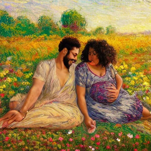 Image similar to egyptian man with long curly hair in a field of flowers, alongside a pregnant black woman with curly hair, laying down, picnic, with a tiny black puppy in the middle, golden hour, vintage, impressionist painting, fine art, oil painting, dreamy, pastel, laughing, happy, intricate details, sharp, peaceful, serene